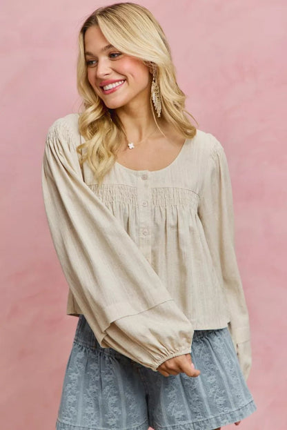 SO ME Linen Blend Woven Long Sleeve With Smocking Top - Bitsy Gypsy Boutique