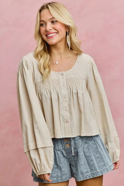 SO ME Linen Blend Woven Long Sleeve With Smocking Top - Bitsy Gypsy Boutique