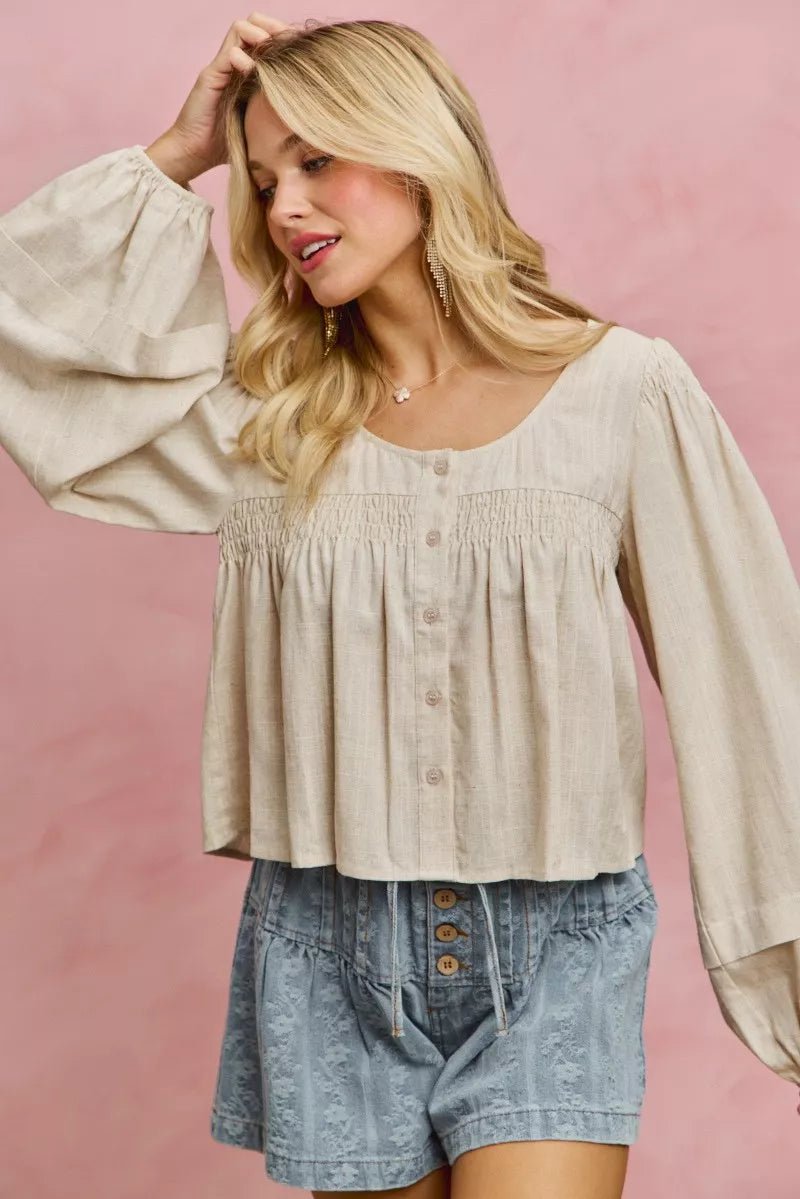 SO ME Linen Blend Woven Long Sleeve With Smocking Top - Bitsy Gypsy Boutique