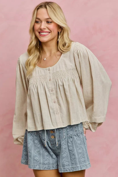 SO ME Linen Blend Woven Long Sleeve With Smocking Top - Bitsy Gypsy Boutique