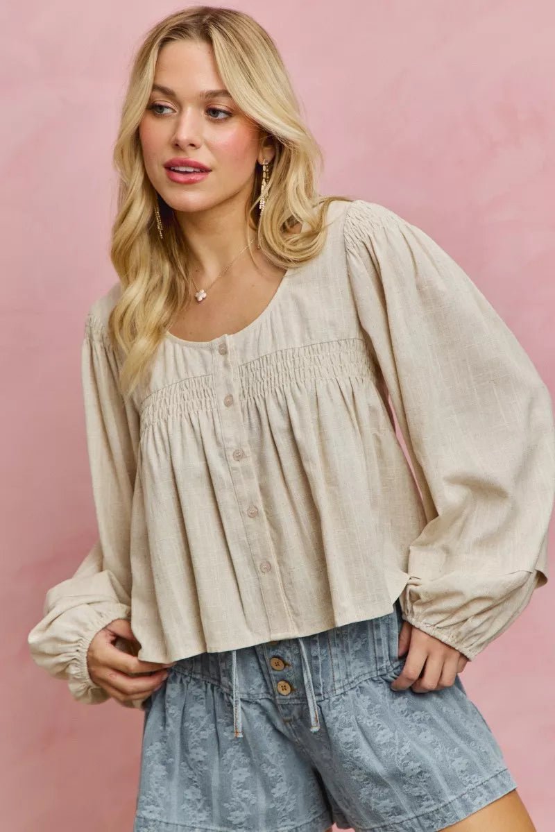 SO ME Linen Blend Woven Long Sleeve With Smocking Top - Bitsy Gypsy Boutique