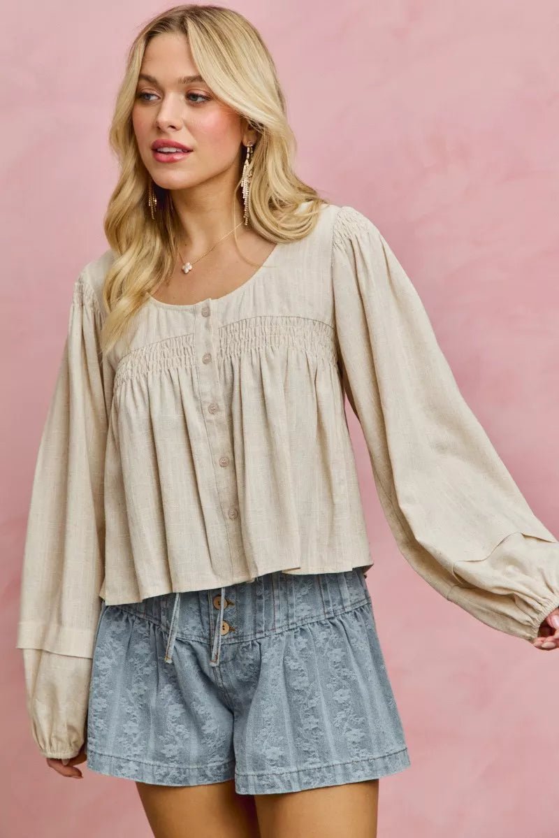 SO ME Linen Blend Woven Long Sleeve With Smocking Top - Bitsy Gypsy Boutique