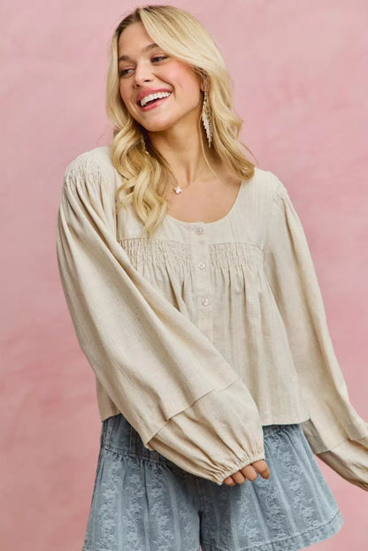 SO ME Linen Blend Woven Long Sleeve With Smocking Top - Bitsy Gypsy Boutique