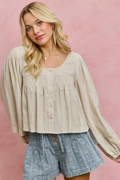 SO ME Linen Blend Woven Long Sleeve With Smocking Top - Bitsy Gypsy Boutique