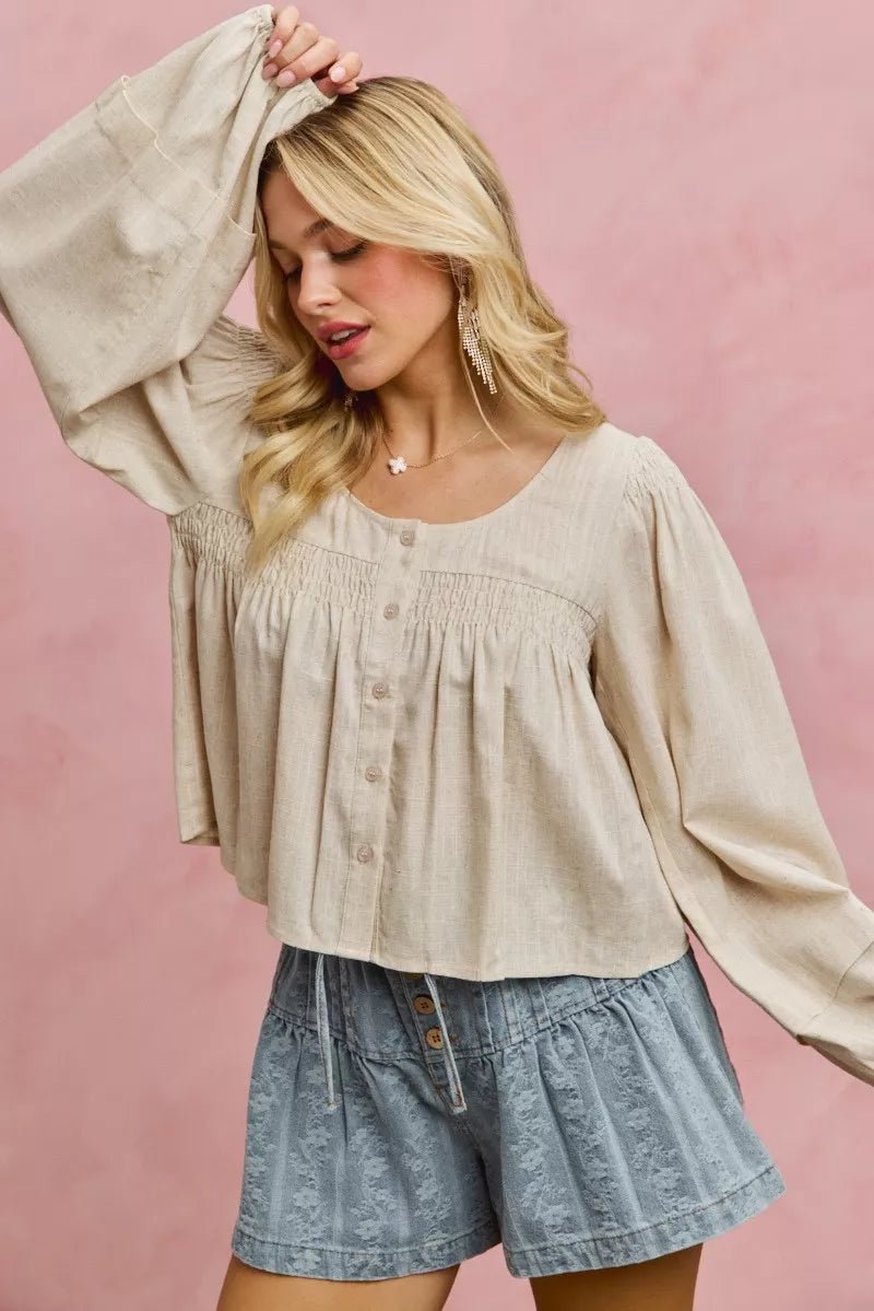 SO ME Linen Blend Woven Long Sleeve With Smocking Top - Bitsy Gypsy Boutique
