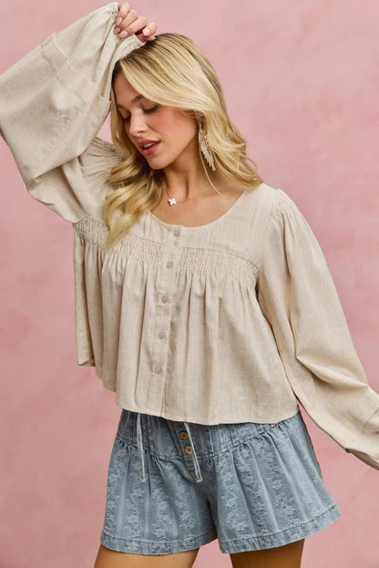 SO ME Linen Blend Woven Long Sleeve With Smocking Top - Bitsy Gypsy Boutique