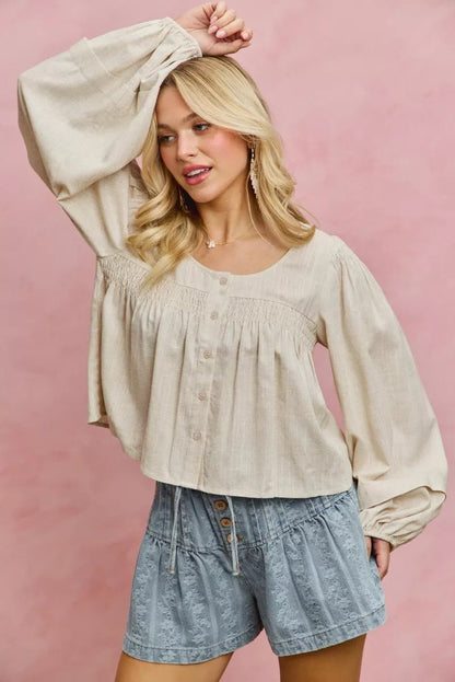 SO ME Linen Blend Woven Long Sleeve With Smocking Top - Bitsy Gypsy Boutique