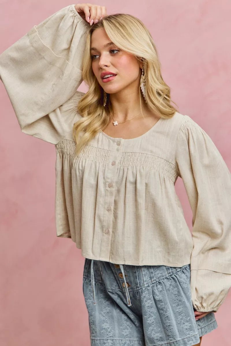 SO ME Linen Blend Woven Long Sleeve With Smocking Top - Bitsy Gypsy Boutique