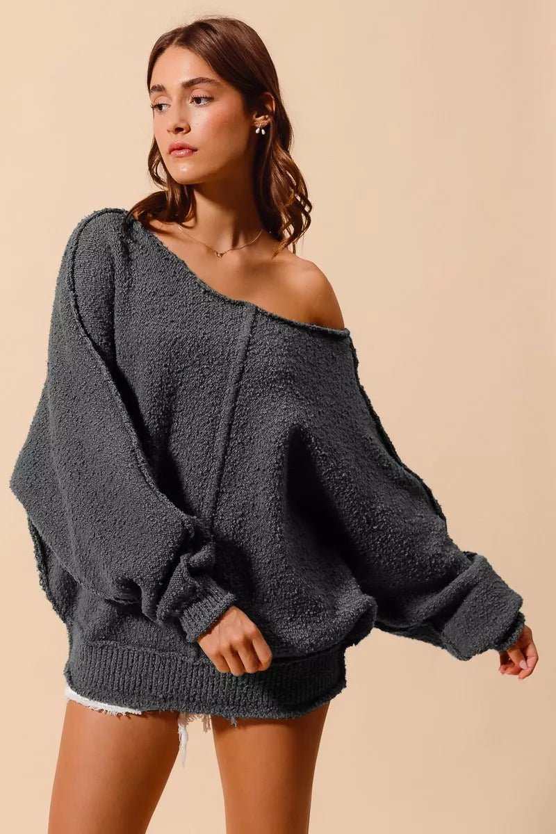 SO ME Loose Fit Exposed Seam Slouchy Boucle Sweater - Bitsy Gypsy Boutique