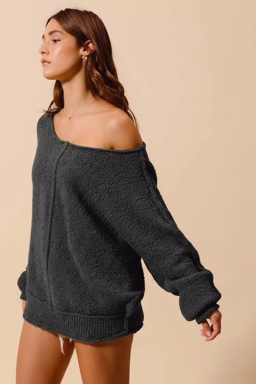 SO ME Loose Fit Exposed Seam Slouchy Boucle Sweater - Bitsy Gypsy Boutique