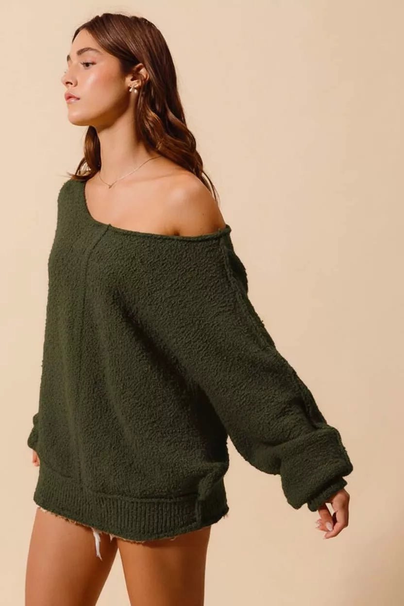 SO ME Loose Fit Exposed Seam Slouchy Boucle Sweater - Bitsy Gypsy Boutique