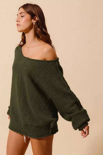 SO ME Loose Fit Exposed Seam Slouchy Boucle Sweater - Bitsy Gypsy Boutique