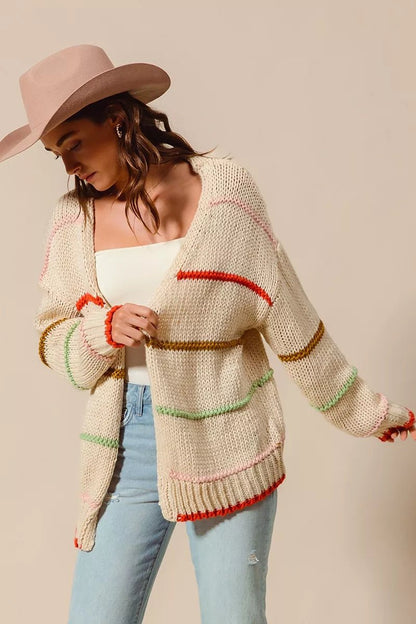 SO ME Loose Fit Multi Stripe Open Front Cardigan - Bitsy Gypsy Boutique