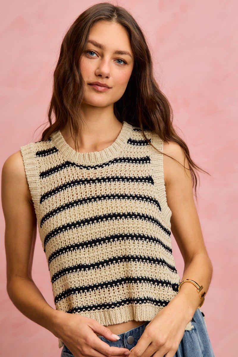SO ME Low Gauge Textured Stripe Sleeveless Sweater Top - Bitsy Gypsy Boutique