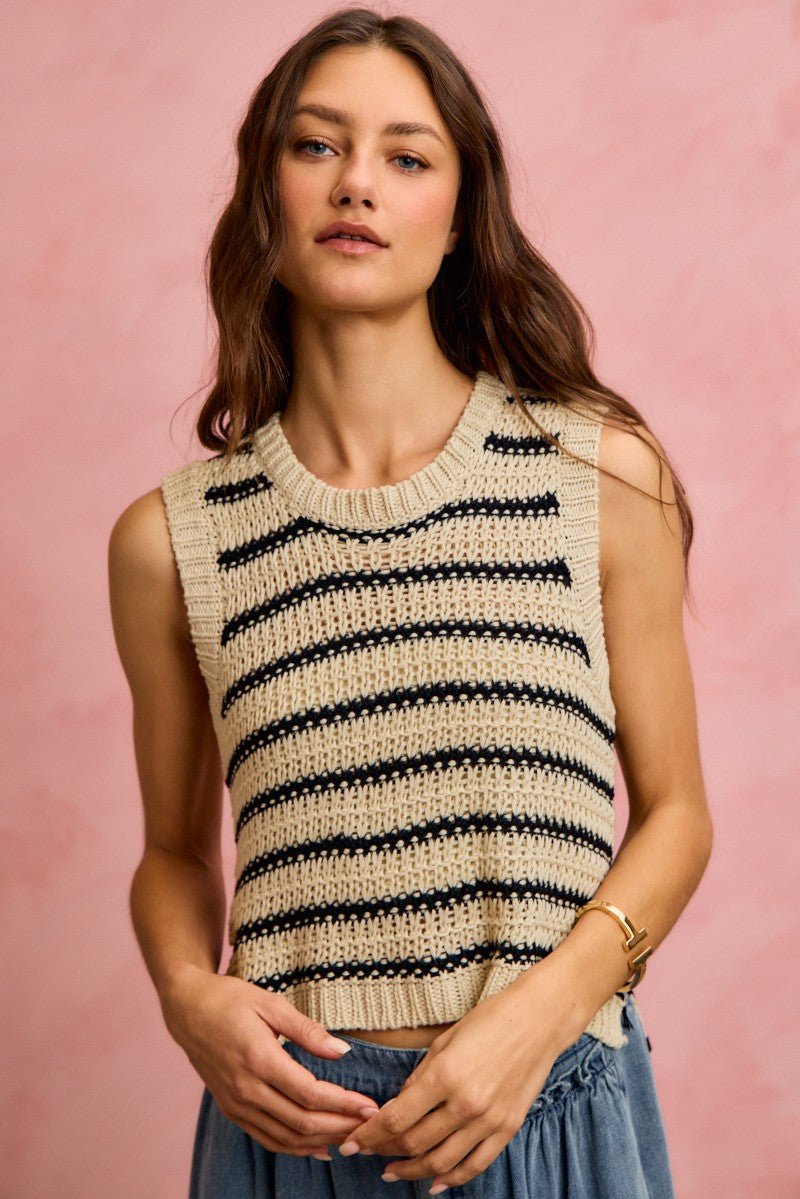 SO ME Low Gauge Textured Stripe Sleeveless Sweater Top - Bitsy Gypsy Boutique