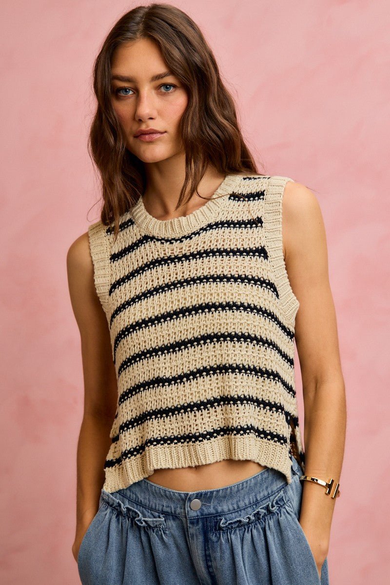SO ME Low Gauge Textured Stripe Sleeveless Sweater Top - Bitsy Gypsy Boutique
