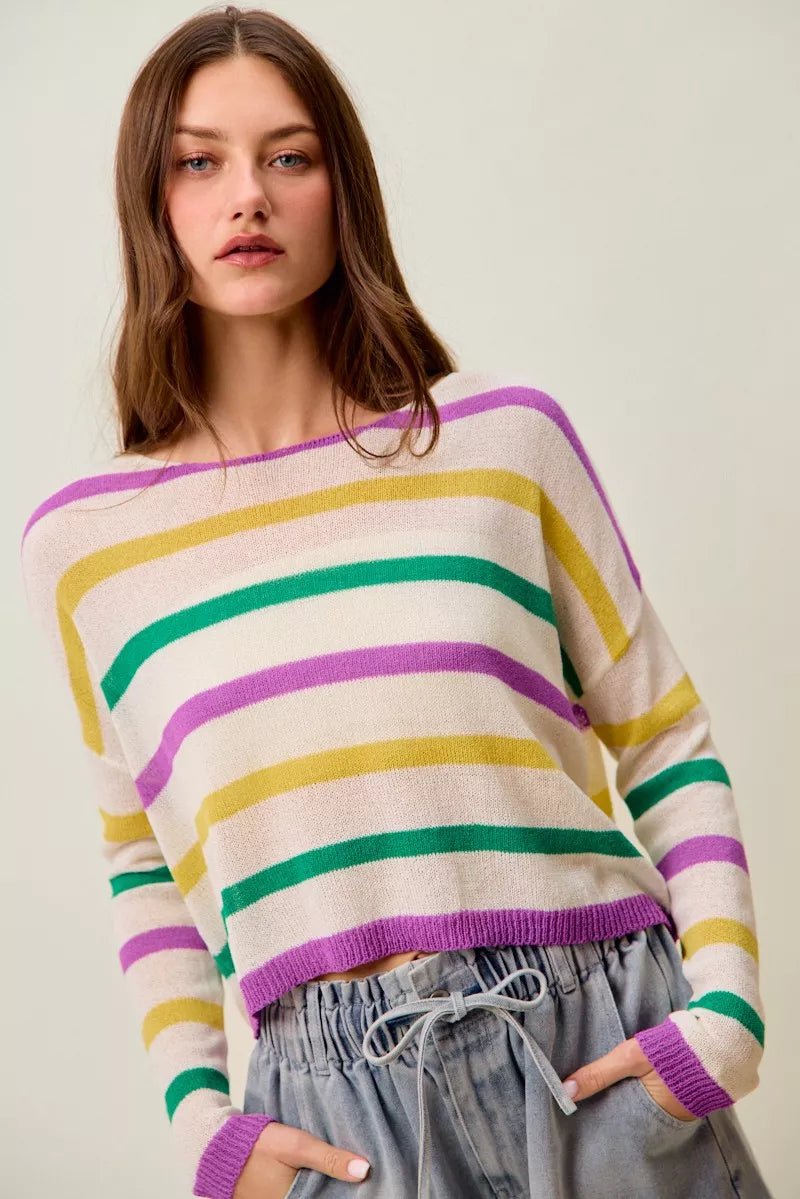 SO ME Mardi Gras Color Stripe Lightweight Sweater Top - Bitsy Gypsy Boutique