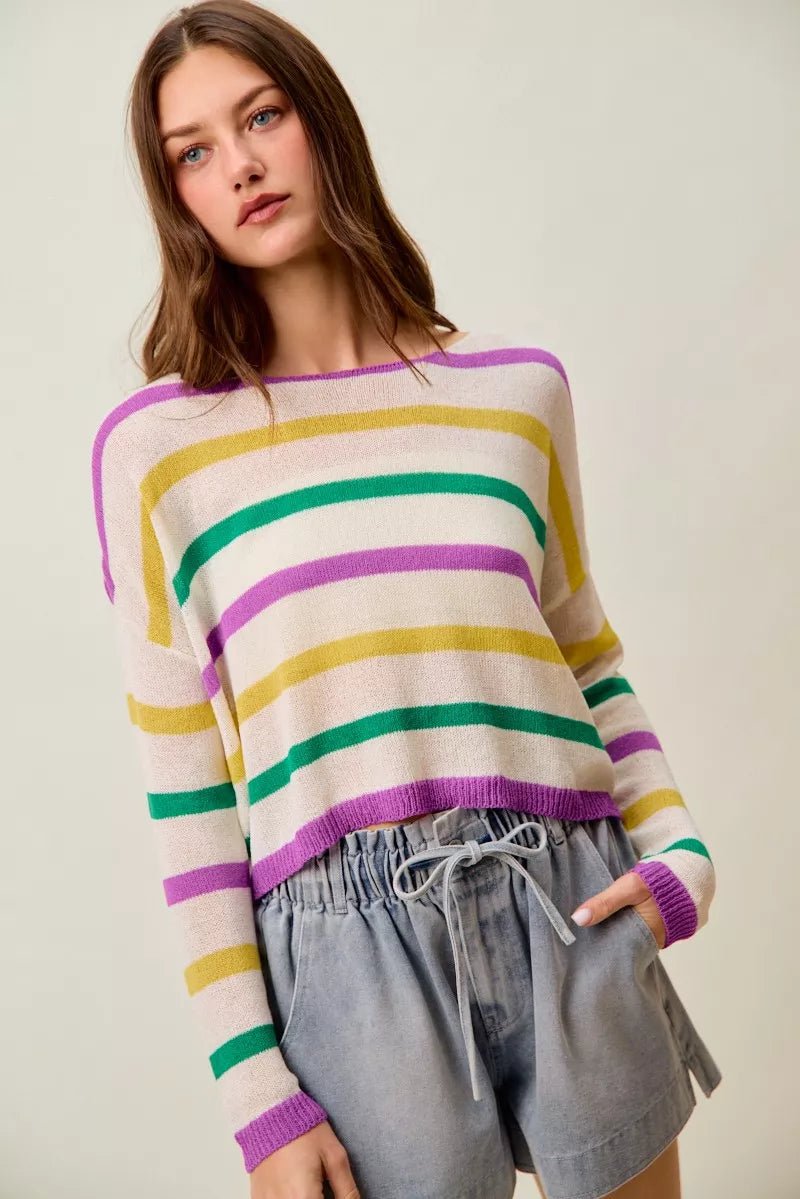 SO ME Mardi Gras Color Stripe Lightweight Sweater Top - Bitsy Gypsy Boutique