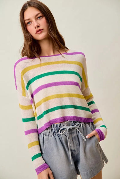 SO ME Mardi Gras Color Stripe Lightweight Sweater Top - Bitsy Gypsy Boutique