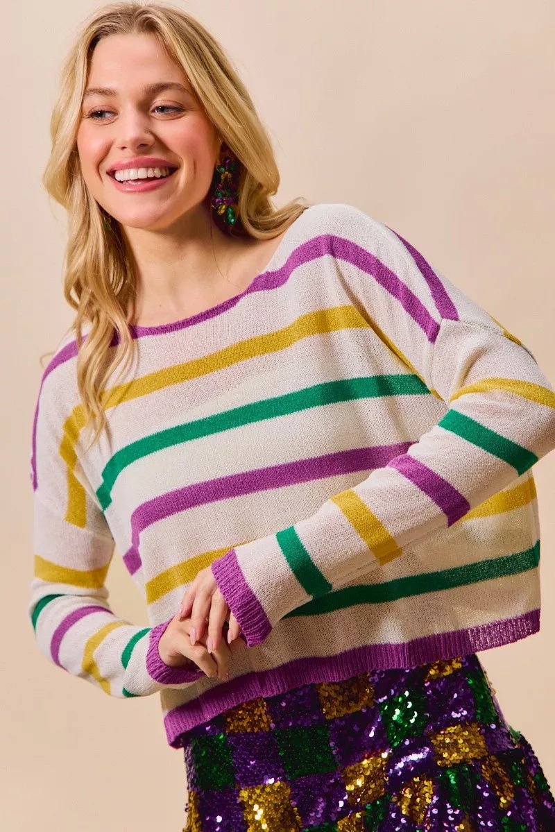SO ME Mardi Gras Color Stripe Lightweight Sweater Top - Bitsy Gypsy Boutique