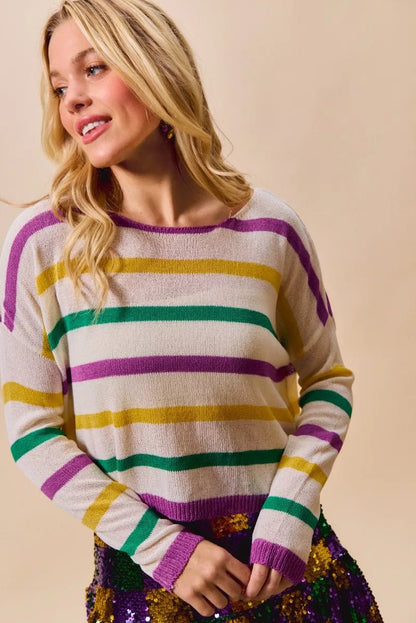 SO ME Mardi Gras Color Stripe Lightweight Sweater Top - Bitsy Gypsy Boutique