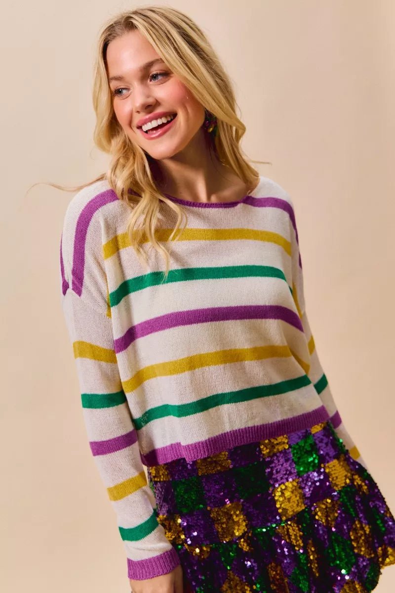 SO ME Mardi Gras Color Stripe Lightweight Sweater Top - Bitsy Gypsy Boutique
