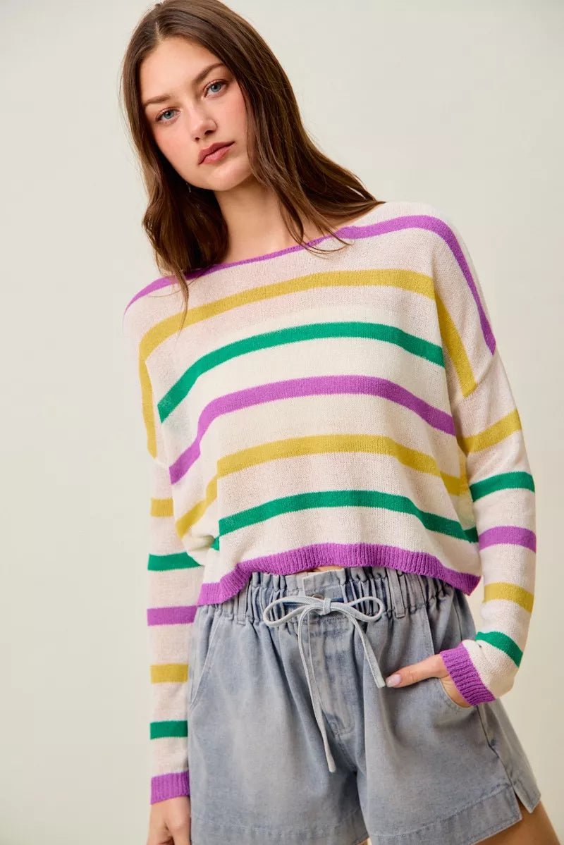 SO ME Mardi Gras Color Stripe Lightweight Sweater Top - Bitsy Gypsy Boutique