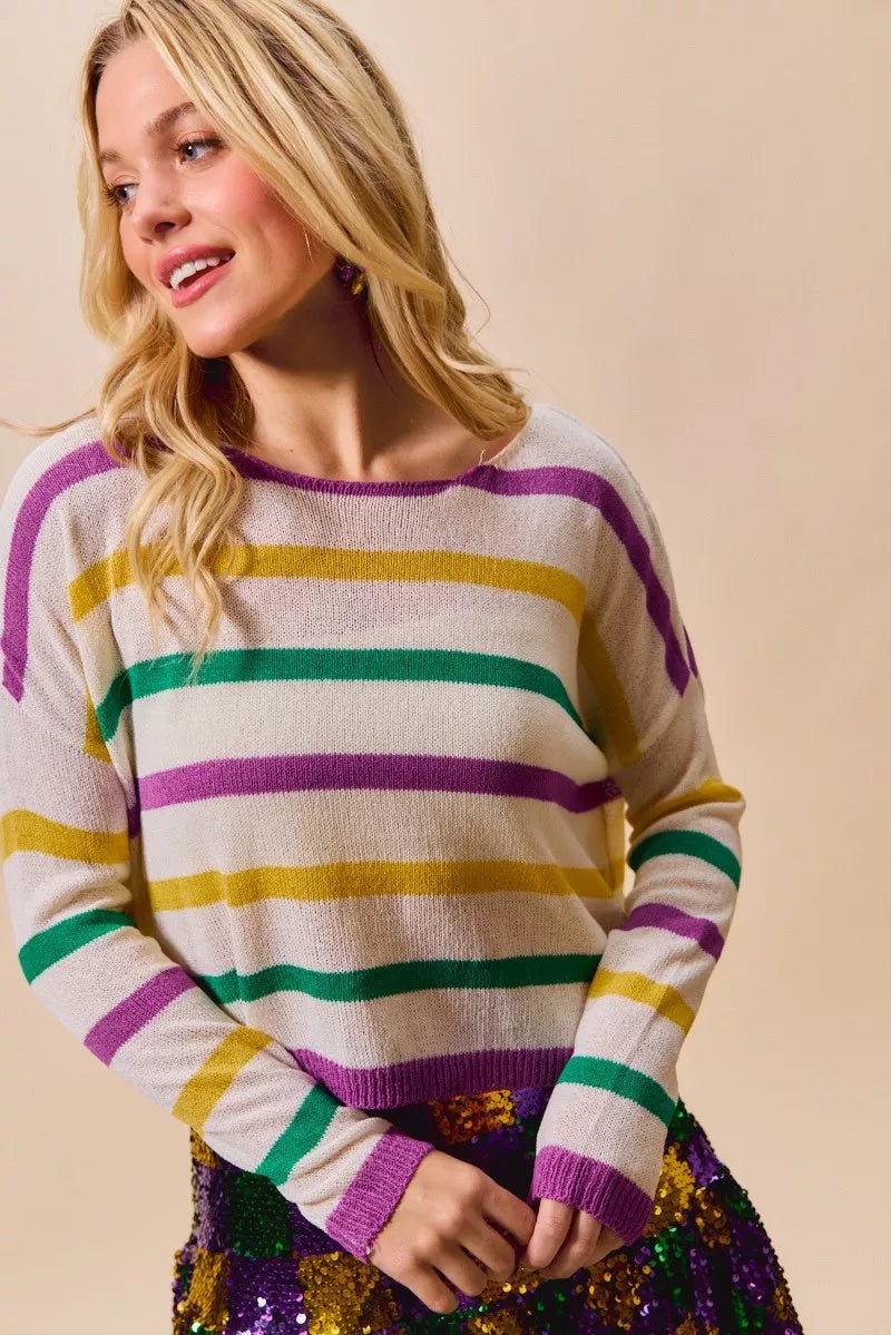 SO ME Mardi Gras Color Stripe Lightweight Sweater Top - Bitsy Gypsy Boutique