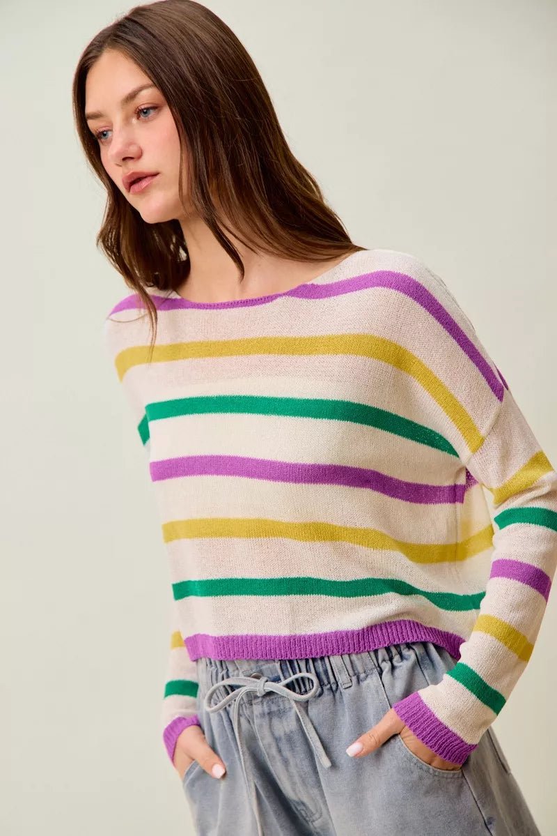 SO ME Mardi Gras Color Stripe Lightweight Sweater Top - Bitsy Gypsy Boutique
