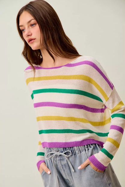 SO ME Mardi Gras Color Stripe Lightweight Sweater Top - Bitsy Gypsy Boutique
