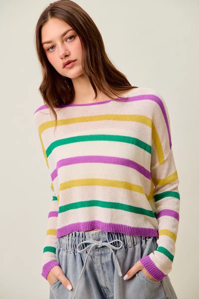 SO ME Mardi Gras Color Stripe Lightweight Sweater Top - Bitsy Gypsy Boutique
