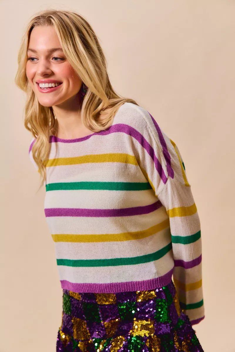 SO ME Mardi Gras Color Stripe Lightweight Sweater Top - Bitsy Gypsy Boutique