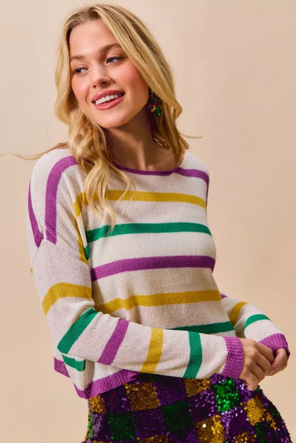 SO ME Mardi Gras Color Stripe Lightweight Sweater Top - Bitsy Gypsy Boutique