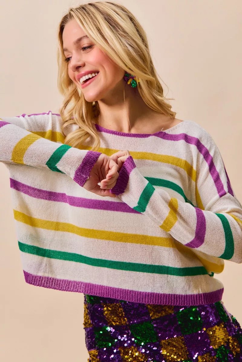 SO ME Mardi Gras Color Stripe Lightweight Sweater Top - Bitsy Gypsy Boutique