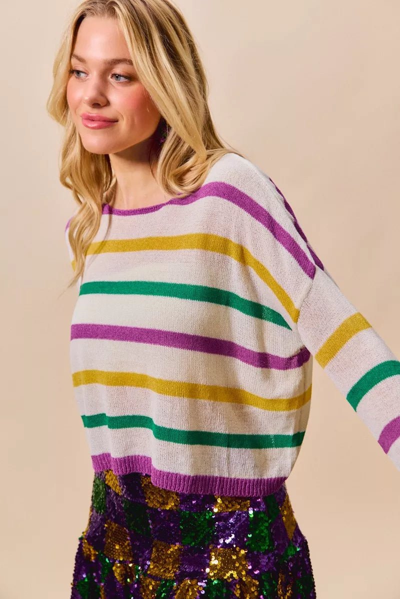 SO ME Mardi Gras Color Stripe Lightweight Sweater Top - Bitsy Gypsy Boutique