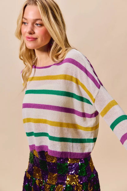 SO ME Mardi Gras Color Stripe Lightweight Sweater Top - Bitsy Gypsy Boutique