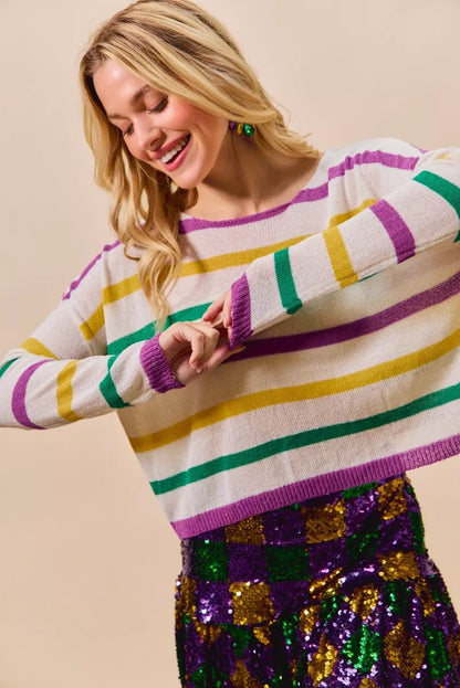 SO ME Mardi Gras Color Stripe Lightweight Sweater Top - Bitsy Gypsy Boutique