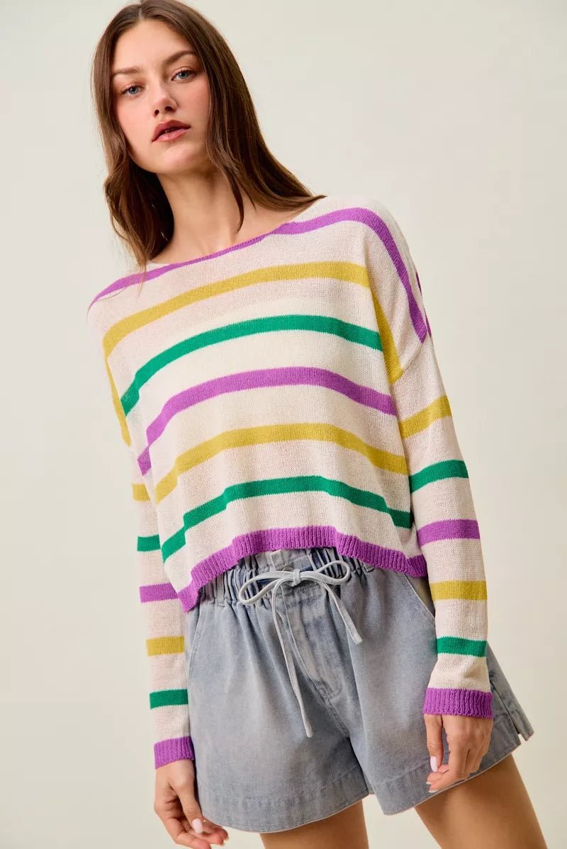 SO ME Mardi Gras Color Stripe Lightweight Sweater Top - Bitsy Gypsy Boutique