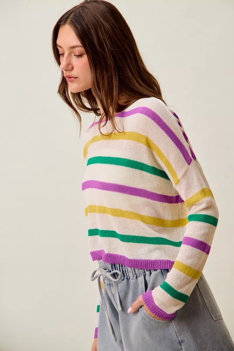 SO ME Mardi Gras Color Stripe Lightweight Sweater Top - Bitsy Gypsy Boutique