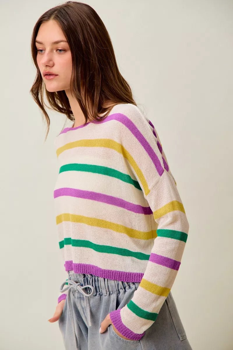 SO ME Mardi Gras Color Stripe Lightweight Sweater Top - Bitsy Gypsy Boutique