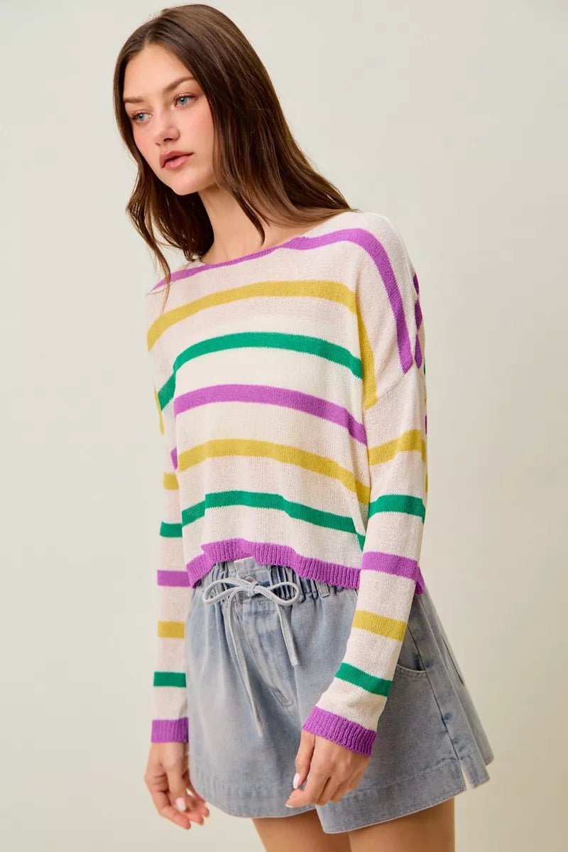 SO ME Mardi Gras Color Stripe Lightweight Sweater Top - Bitsy Gypsy Boutique