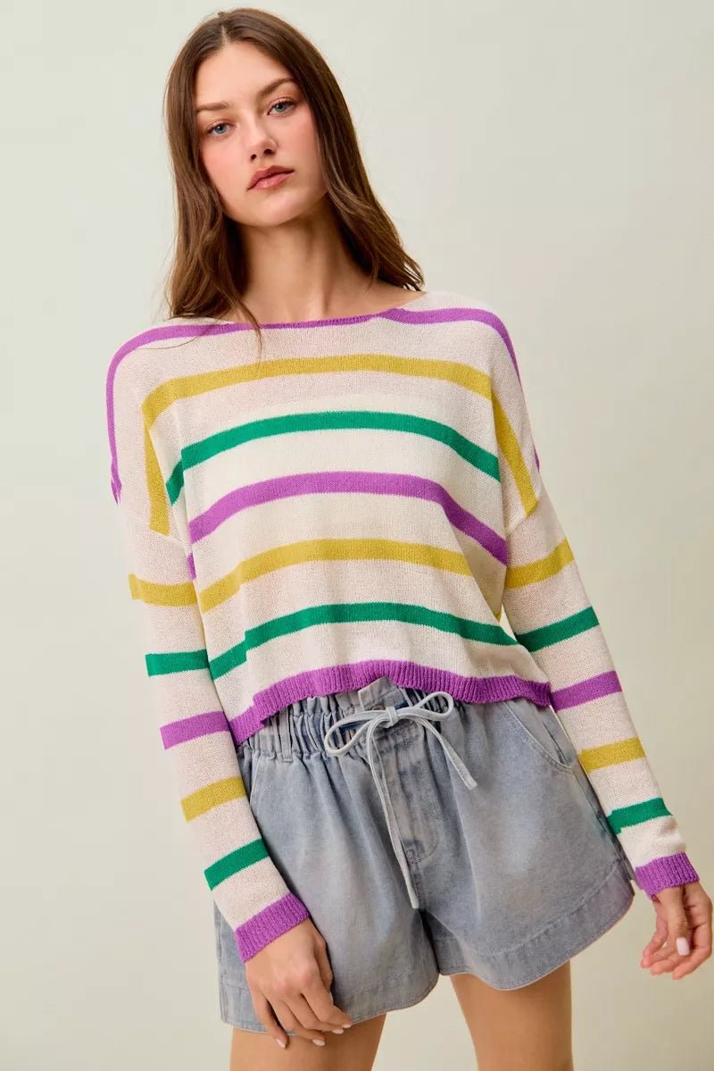 SO ME Mardi Gras Color Stripe Lightweight Sweater Top - Bitsy Gypsy Boutique
