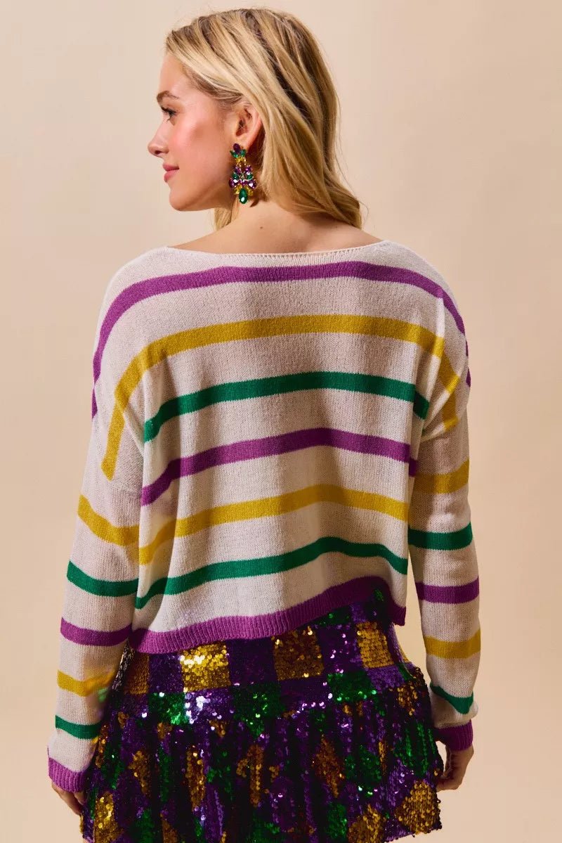 SO ME Mardi Gras Color Stripe Lightweight Sweater Top - Bitsy Gypsy Boutique