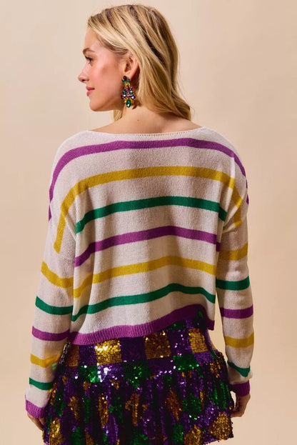 SO ME Mardi Gras Color Stripe Lightweight Sweater Top - Bitsy Gypsy Boutique