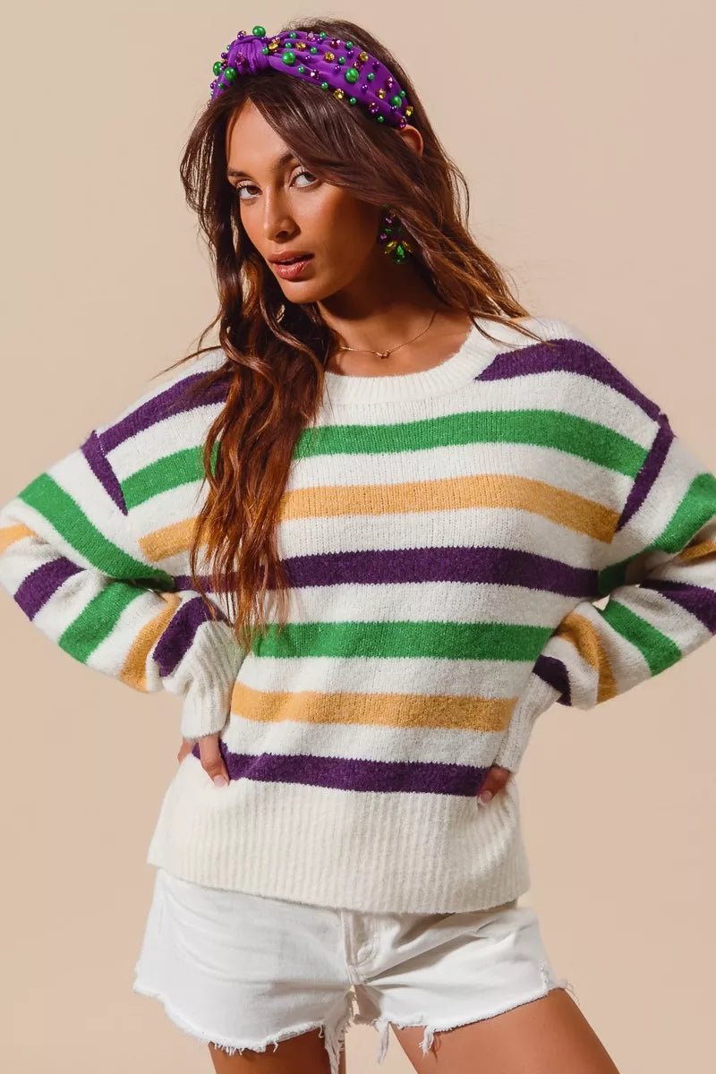 SO ME Mardi Gras Color Stripe Round Neck Sweater Top - Bitsy Gypsy Boutique