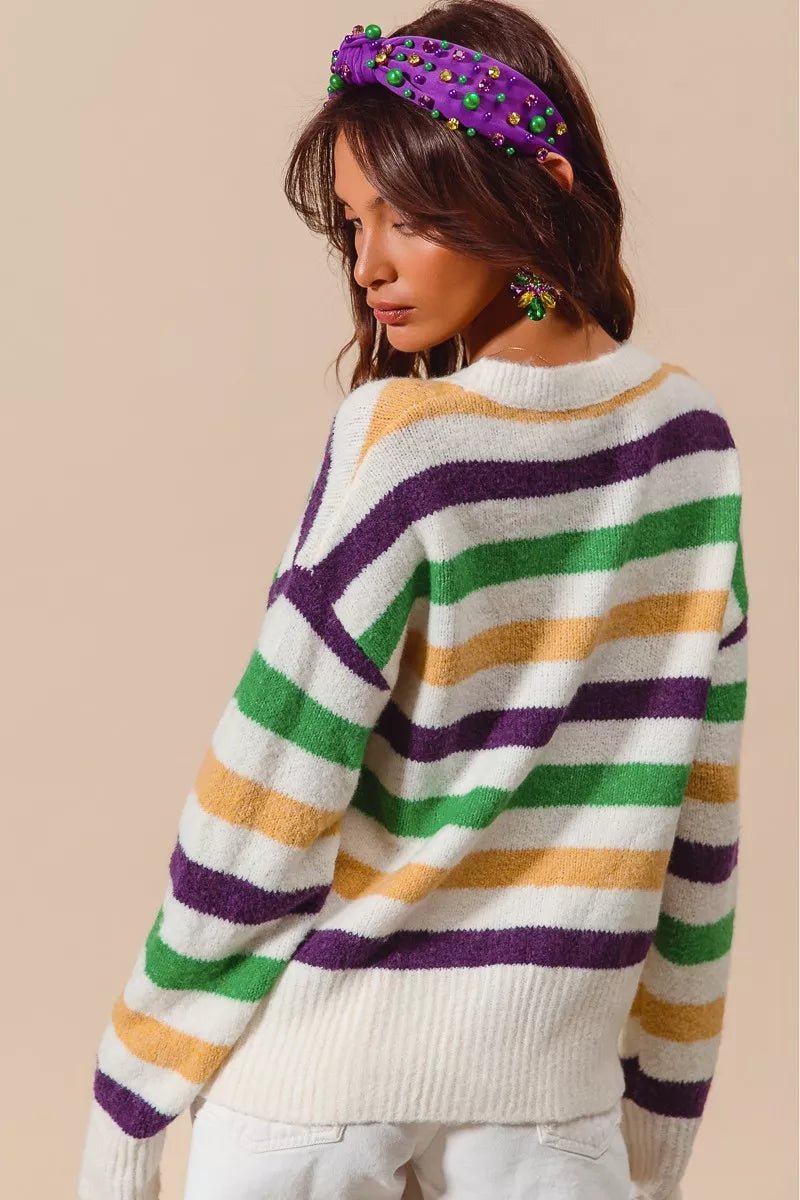 SO ME Mardi Gras Color Stripe Round Neck Sweater Top - Bitsy Gypsy Boutique