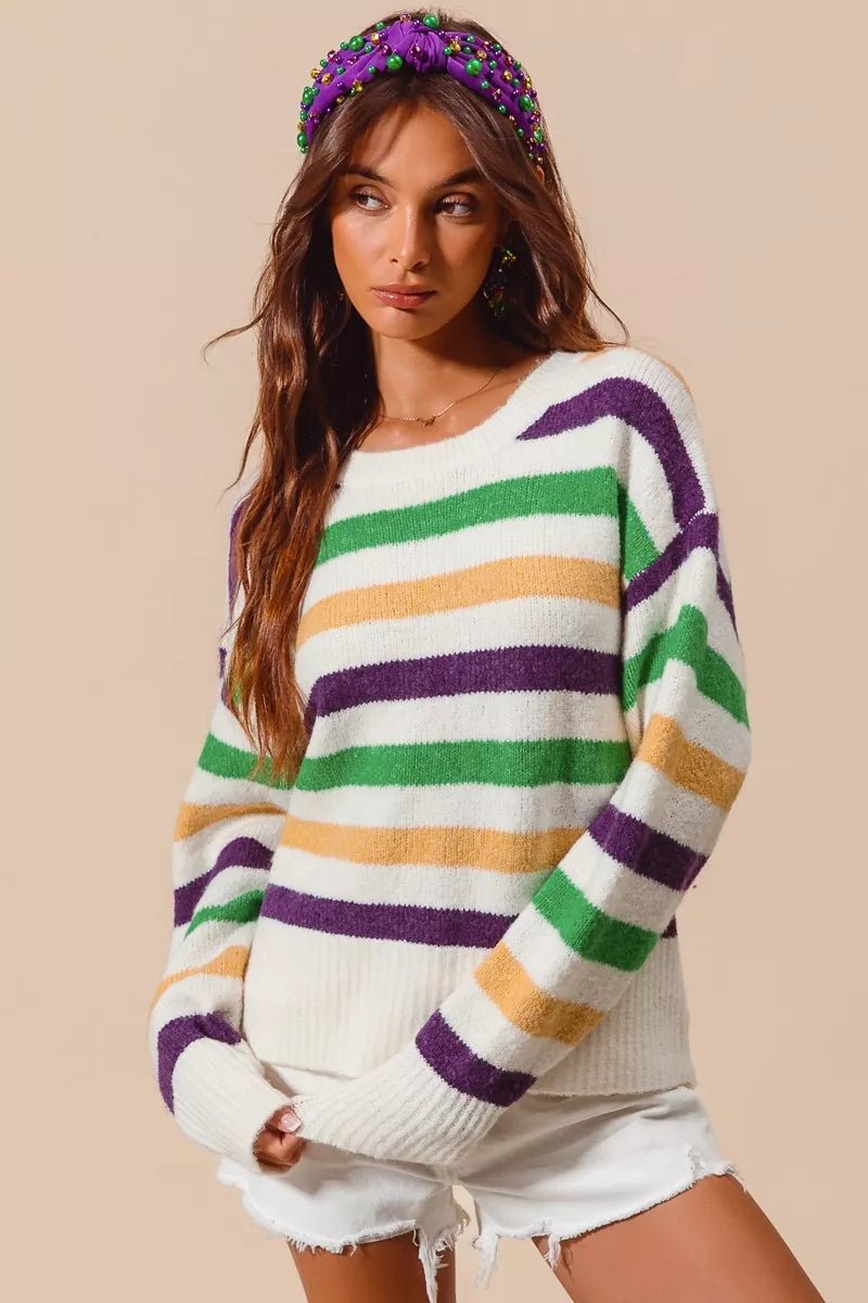 SO ME Mardi Gras Color Stripe Round Neck Sweater Top - Bitsy Gypsy Boutique