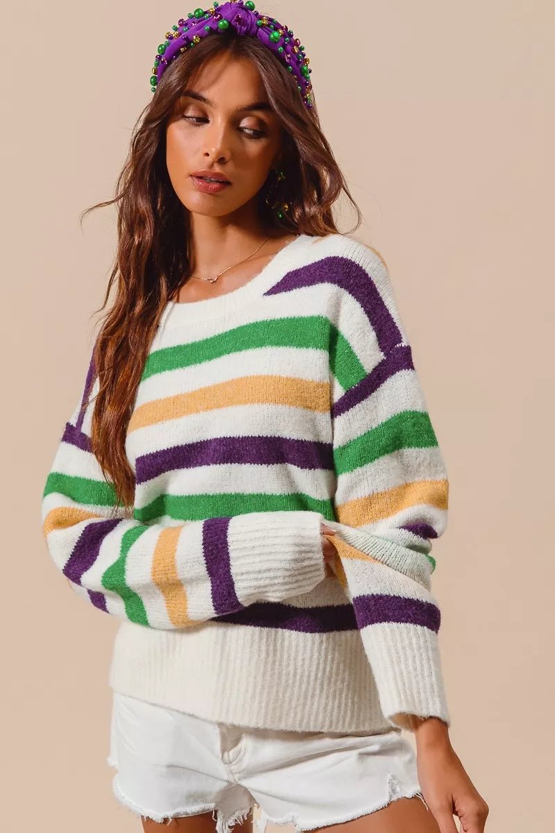SO ME Mardi Gras Color Stripe Round Neck Sweater Top - Bitsy Gypsy Boutique