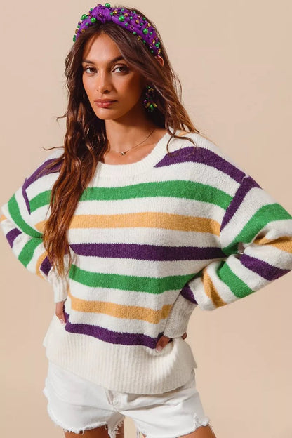 SO ME Mardi Gras Color Stripe Round Neck Sweater Top - Bitsy Gypsy Boutique