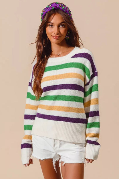 SO ME Mardi Gras Color Stripe Round Neck Sweater Top - Bitsy Gypsy Boutique